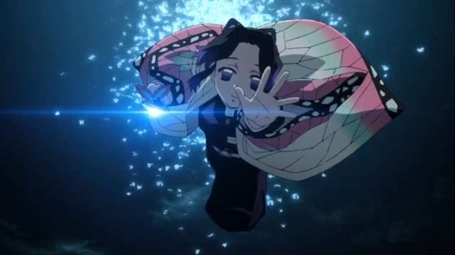Shinobu Kocho, a character from the anime Demon Slayer, is shown attacking the Spider Demon.
